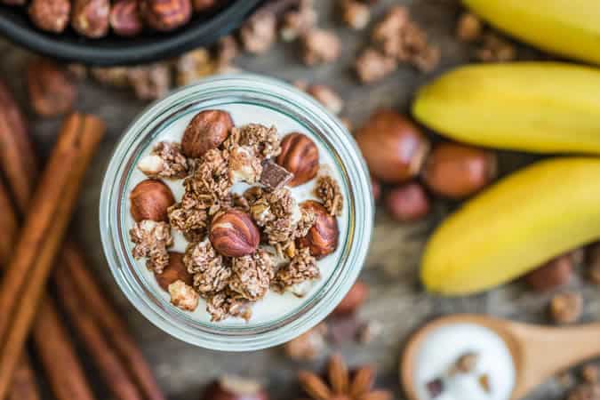 Nuts and muesli in yoghurt