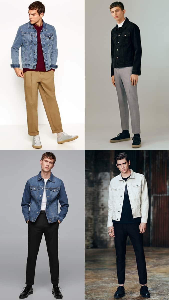 how to wear a denim jacket with tailored trousers