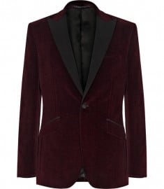 Reiss Philip Single Buttoned Velvet Blazer Burgundy