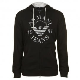 Armani Jeans Mens Large Logo Black Hooded Sweat Top