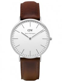 Daniel Wellington Mens Classic Stainless Steel Leather Strap Watch Tan