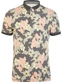 River Island Grey Floral Contrast Trim Polo Shirt