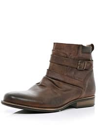 River Island Brown Distressed Strap Biker Boots