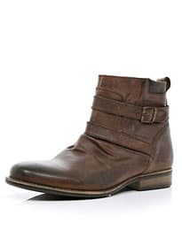 River Island Brown Distressed Strap Biker Boots