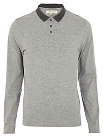 River Island Grey Marl Long Sleeve Polo Shirt