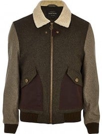 River Island Khaki Colour Block Wool-blend Bomber Jacket