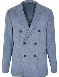 River Island Blue Premium Double Breasted Slim Blazer