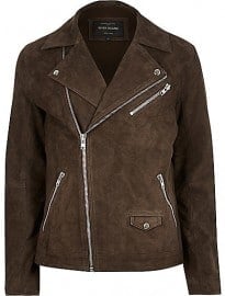 River Island Dark Brown Premium Suede Biker Jacket