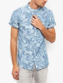 New Look Blue Leaf Print Denim Short Sleeve Shirt