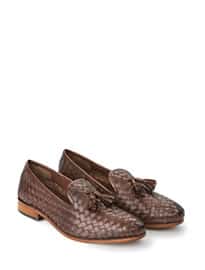 He By Mango Tasseled Textured Leather Loafers