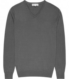 Reiss Jude Mercerised Cotton V-neck Jumper Grey