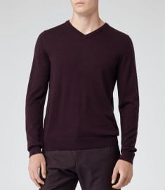 Reiss Alto V-neck Merino Wool Jumper Bordeaux