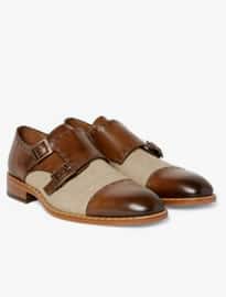 Etro Two-tone Burnished-leather And Canvas Monk-strap Shoes