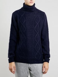 Topman Navy Chunky Cable Roll Neck Jumper