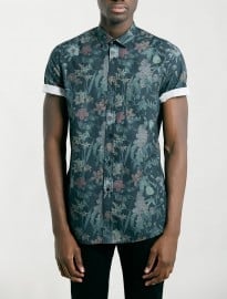 Topman Dark Green Floral Print Short Sleeve Shirt