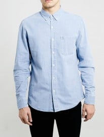 Topman Blue Bleach Denim Long Sleeve Shirt