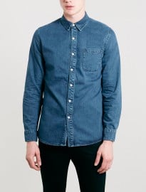 Topman Bright Blue Denim Long Sleeve Shirt