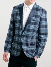 Topman Navy Checked Satin Lapel Skinny Fit Blazer