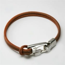 Double Strand Leather Snap Wrist Bracelet Silver & Natural Leather