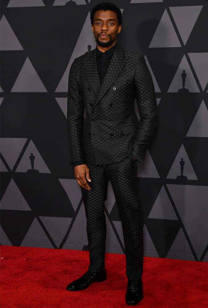 Chadwick Boseman wearing a polka dot suit at the 2017 Governors Awards