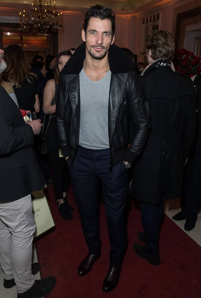 David Gandy wearing a shearling jacket at the Aspinal presentation for London Fashion Week