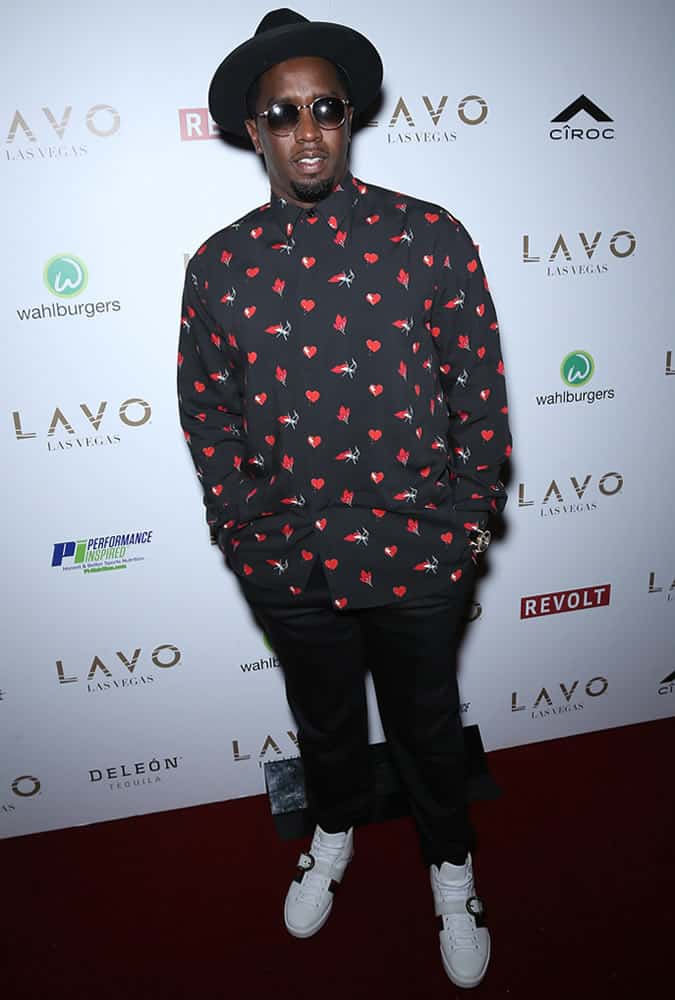 Sean Combs pictured in a printed shirt at LAVO fight night party in Las Vegas