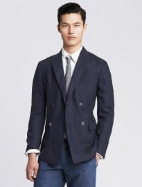 Modern Slim Navy Linen Double-breasted Blazer