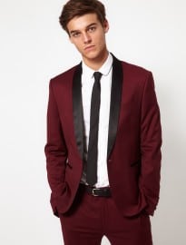 Asos Skinny Fit Tuxedo Suit Jacket In Burgundy Polywool