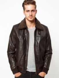 Asos Leather Pilot Jacket With Removable Borg Collar