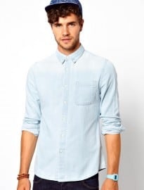 Asos Denim Shirt In Long Sleeve With Blasting