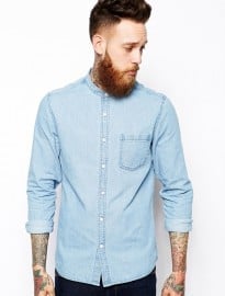 Asos Grandad Denim Shirt In Long Sleeve With Mid Wash