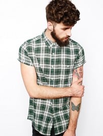 Asos Linen Mix Shirt In Short Sleeve With Green And White Check