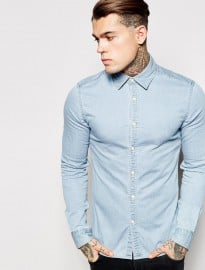 Asos Shirt In Skinny Fit With Long Sleeve In Bleach Wash Denim