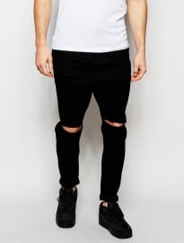 Asos Drop Crotch Jeans In Black With Knee Rips