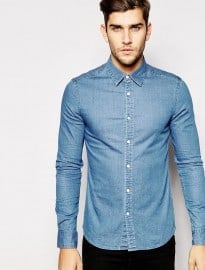 Asos Skinny Denim Shirt With Long Sleeves In Mid Wash