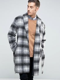 Asos Checked Overcoat With Belt In Black And White