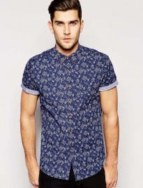 Asos Shirt In Short Sleeve With Indigo Ditsy Floral Print
