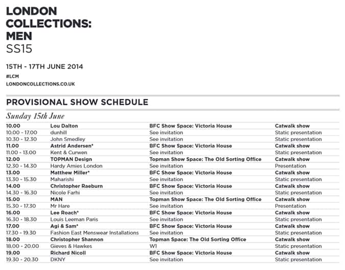 Provisional Schedule for London Collections: Men SS15 revealed