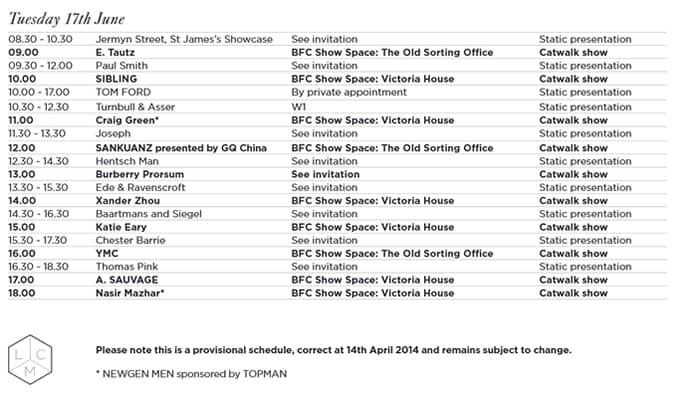 Provisional Schedule for London Collections: Men SS15 revealed
