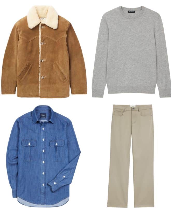 how to wear a shearling jacket with a grey jumper
