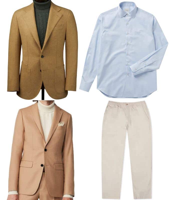 Men's camel suit with a sky blue dress shirt