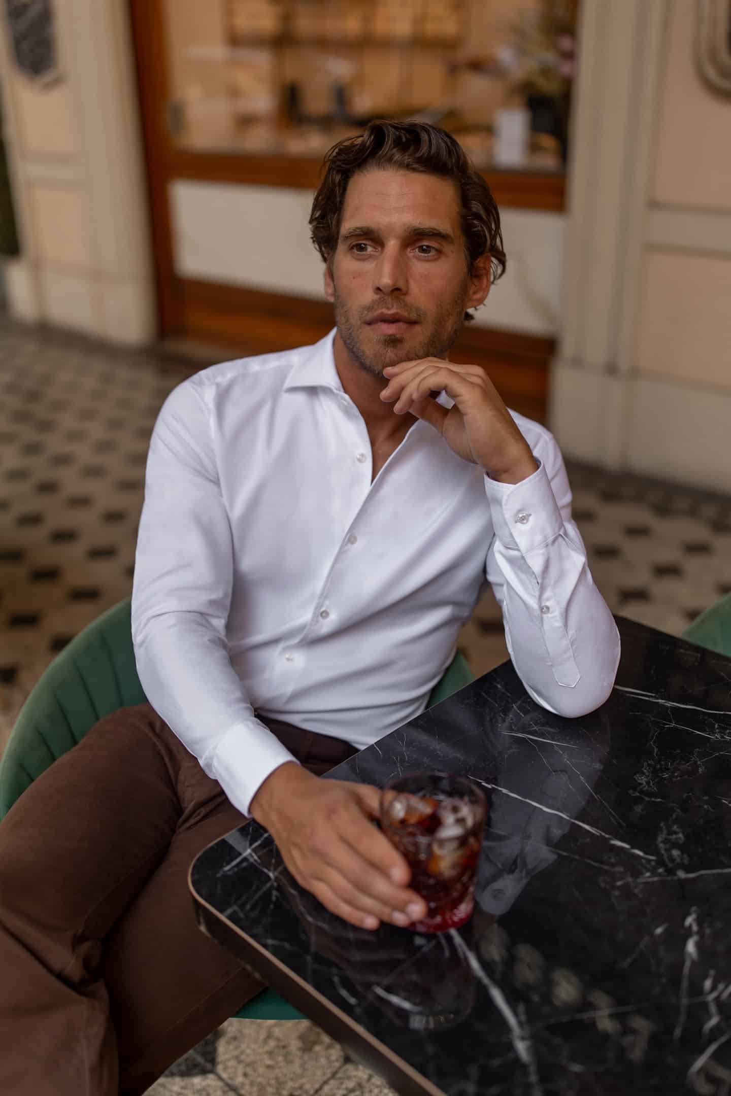 Luca Faloni white oxford shirt showing off Italian style