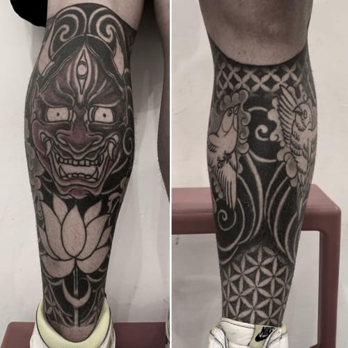 Blackwork leg tattoo