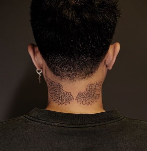 Neck Tattoo with Angel Wings