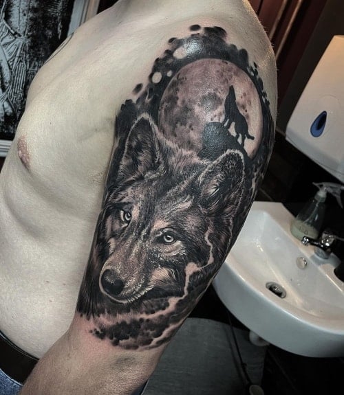 Wolf and moon tattoo