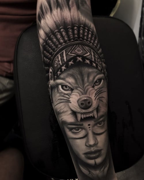Wolf headdress tattoo 