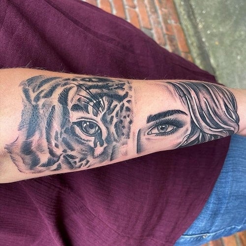Half Tiger Half Woman Face Tattoo
