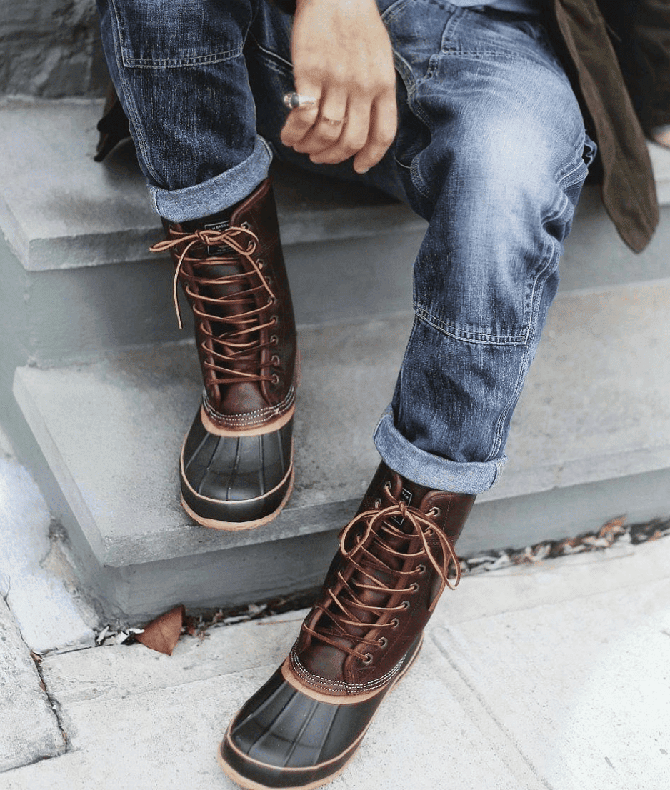 men's duck boots on stairs