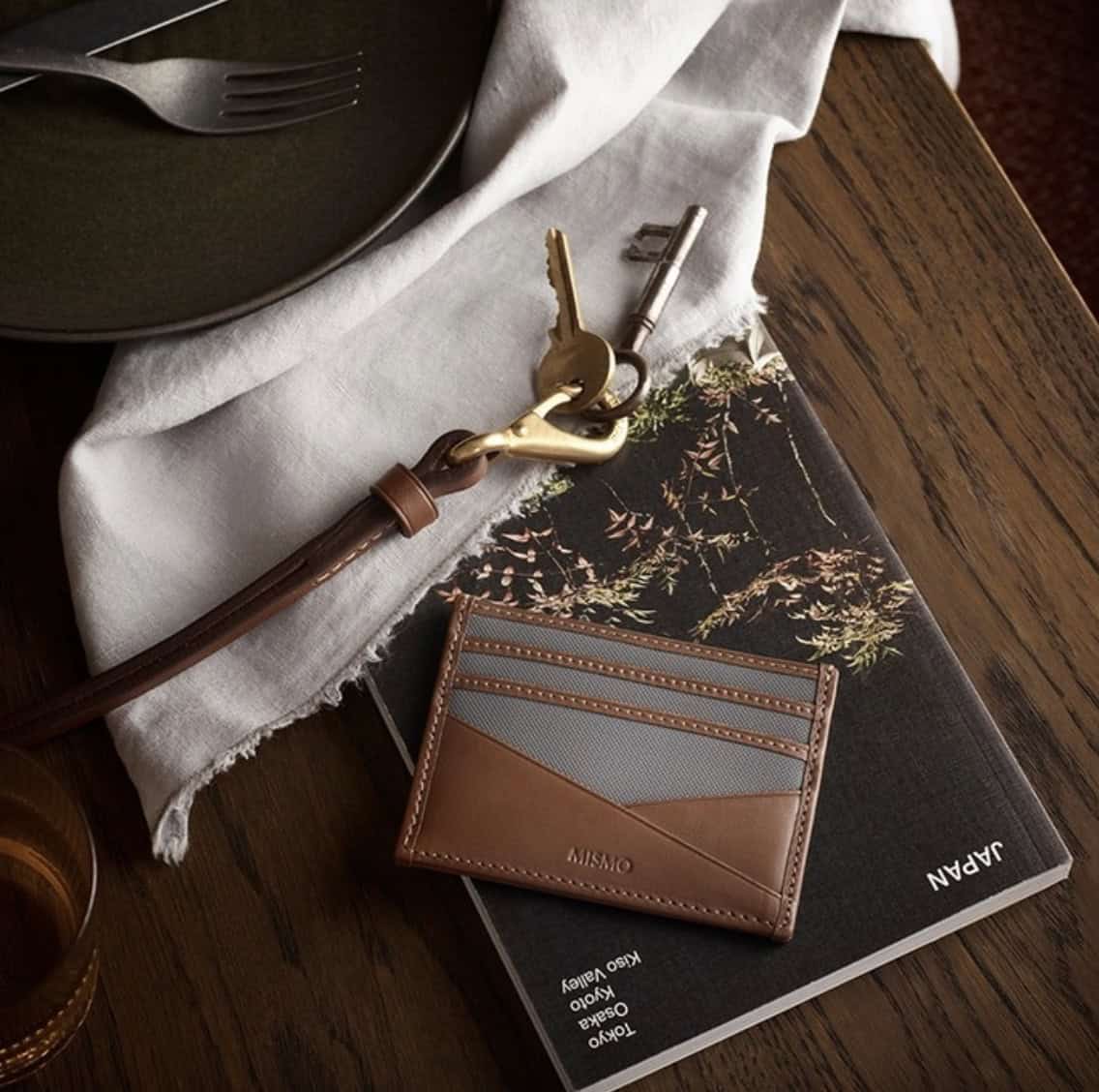wallet on table with a magazine and bag