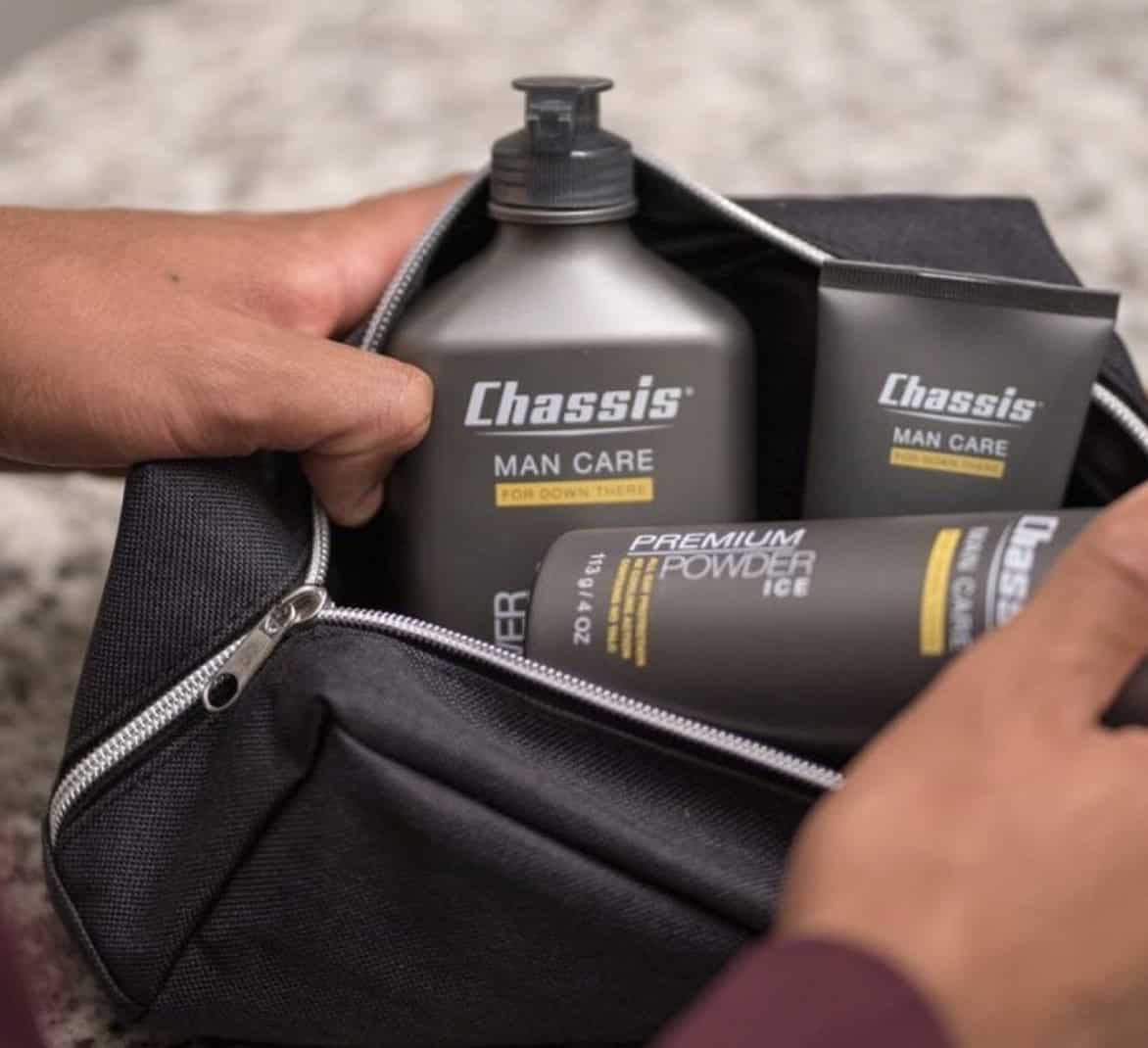 men's grooming products in a wash bag